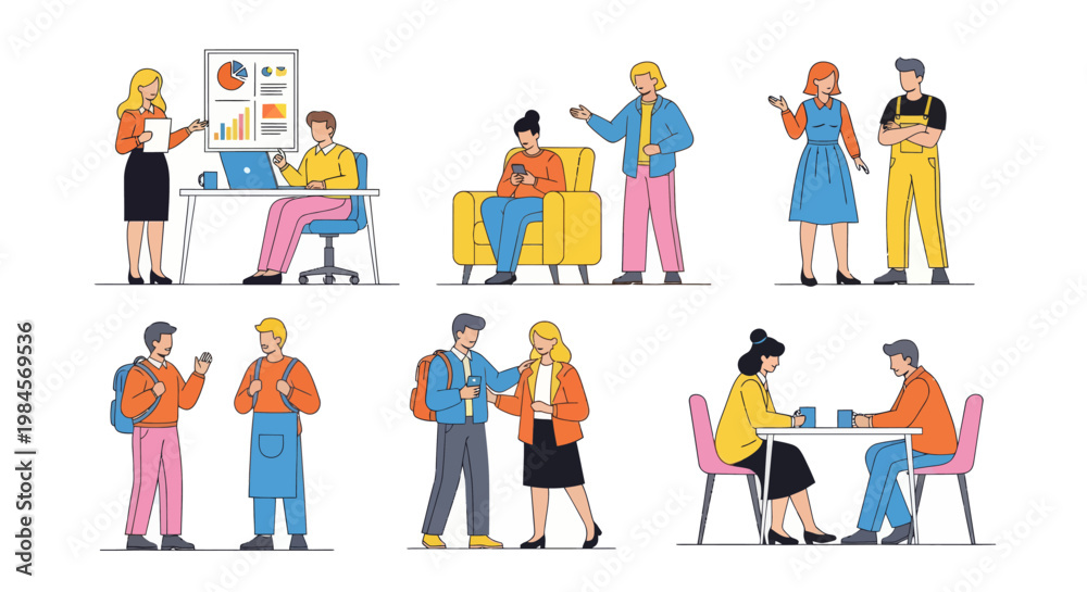 Fototapeta premium Diverse flat vector set of people in social and business interactions. Diverse characters working, talking, using laptops and smartphones, sitting on chairs and armchairs, isolated on a white backgrou