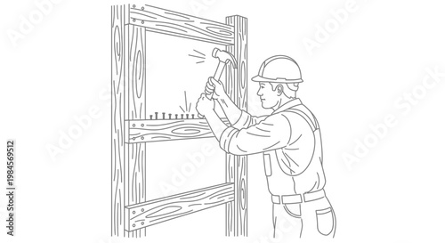 Illustration of a construction worker wearing a hard hat using a hammer to nail wooden planks together, depicting manual labor and carpentry skills in a DIY project or home renovation