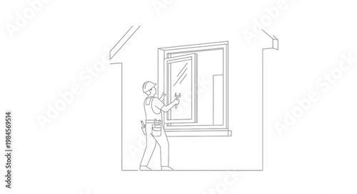 Handyman installing a new window in a house construction scene, representing home improvement and repair services