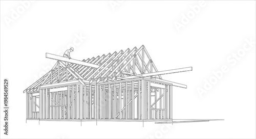 Line drawing of a house under construction, depicting its wooden frame, roof trusses, and a worker assembling a beam, illustrating residential building stages