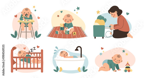 A collection of charming illustrations depicting various stages of a baby's development and daily life, from feeding and playing to sleeping and bathing.