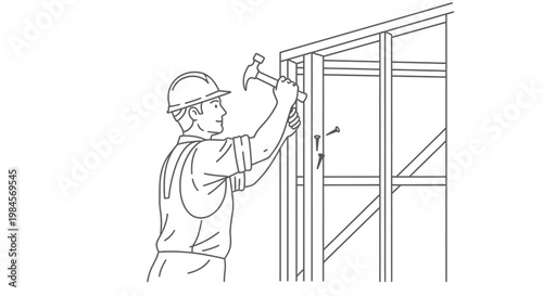 Construction worker with hard hat hammering nails into a wall frame, illustrating the process of building and home improvement