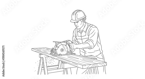Woodworker operating a circular saw to cut a wooden plank on sawhorses