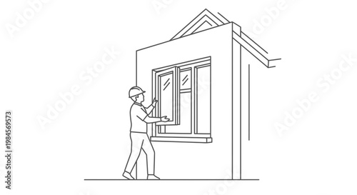 Professional worker in a hard hat installing or repairing a new window in a residential house, illustrating home improvement and construction services