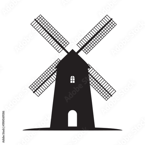 A stark black silhouette of a traditional windmill against a white background