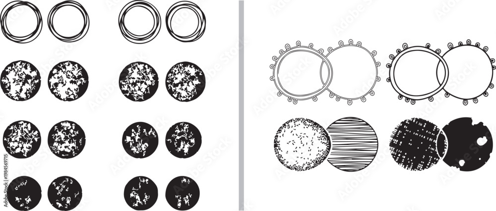 Fototapeta premium Hand drawn circular graphic elements and textured icons in black and white vector illustration set for architectural site plans and design
