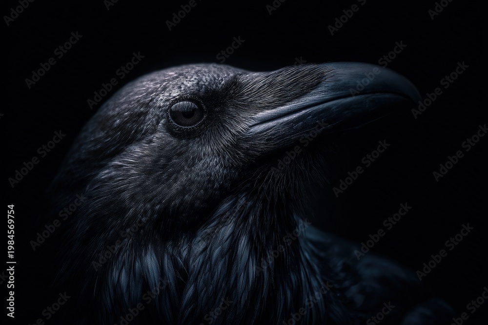 Naklejka premium Close up portrait of a raven in dark moody lighting with dramatic shadows