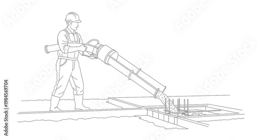 Construction worker pouring concrete using a hose into foundation reinforcement