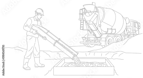 Construction worker diligently pours fresh concrete using a specialized pump, creating a strong foundation at a building site, with a mixer truck supplying the essential material