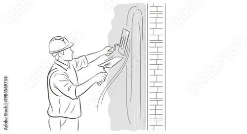 Professional construction worker in a hard hat diligently applying plaster with a trowel to a wall, showcasing skilled craftsmanship in building and finishing work