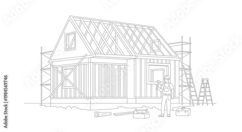 Illustration of a house under construction, showcasing framing, scaffolding, and tools