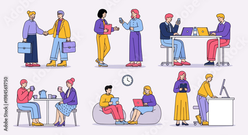 Diverse people working, collaborating, and relaxing. Flat vector set with business handshake, laptop tasks, coffee breaks, and health check-up.