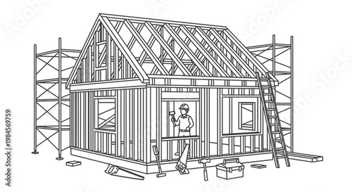 Construction of a new residential home using scaffolding, tools, and manual labor to frame the structure