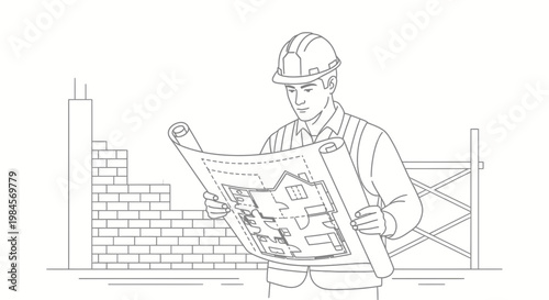 Construction worker reviewing blueprints on a building site with scaffolding and brick wall in the background