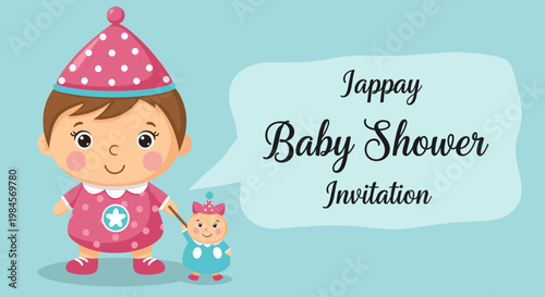 A cute baby shower invitation featuring a cartoon baby and a smaller toy, with text announcing the event.