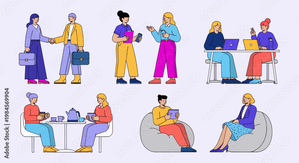 Fototapeta premium Diverse people working, collaborating, and relaxing. Flat vector set with business handshake, laptop tasks, coffee breaks, and health check-up.