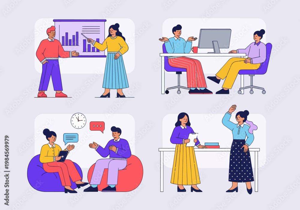 Fototapeta premium Set of four flat vector illustrations featuring diverse business people collaborating, presenting data, working at desks, and on beanbags. Modern office teamwork and productivity concept.