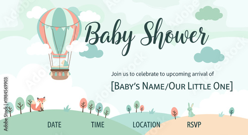 A whimsical baby shower invitation featuring a hot air balloon, a fox, and a bunny, set against a soft, pastel landscape with trees and clouds.
