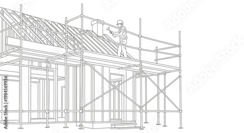 Line art of a construction worker on scaffolding, diligently building a house roof. Represents home development, renovation, and the professional building industry
