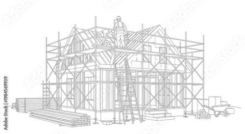 Architectural illustration of a house under construction, featuring scaffolding and building materials for a new home development