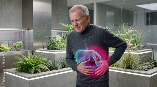 Man suffering from severe abdominal pain with 3D digital visualization of diseased liver and spleen. Medical technology concept for internal organ health checkup and clinical diagnosis.