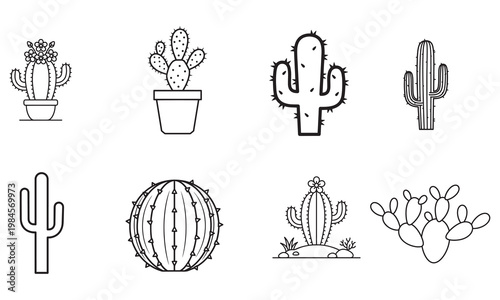 Cactus outline icons set including prickly pear saguaro and flowering succulent species for gardening and desert nature themes isolated vector collection with various prickly plant shapes.