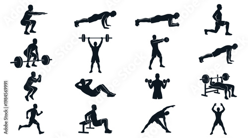 Silhouettes of people exercising with weights.