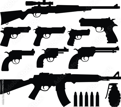 Flat vector firearm silhouettes, rifles, pistols, revolvers, bullets, grenade illustration