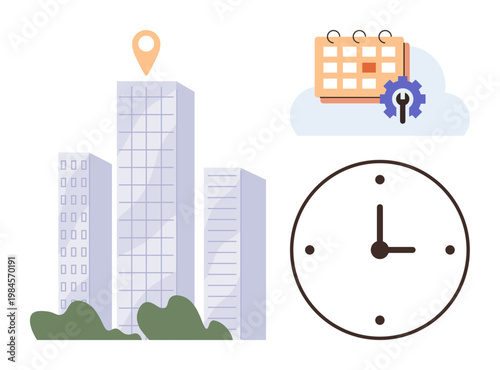 Urban planning, scheduling, time management, business operations, event organization, office work. Modern cityscape with buildings, clock calendar and location marker. Urban planning and scheduling
