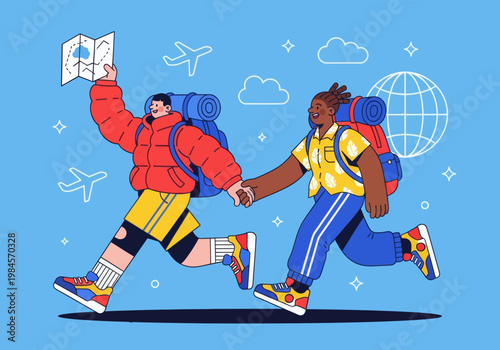 Flat vector microstock illustration of a diverse couple backpacking, running together with backpacks, holding hands and a map. Global travel icons on a blue sky. Adventure exploration.
