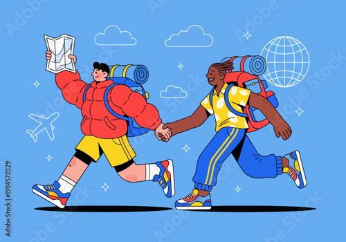Flat vector microstock illustration of a diverse couple backpacking, running together with backpacks, holding hands and a map. Global travel icons on a blue sky. Adventure exploration.