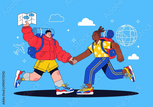 Flat vector microstock illustration of a diverse couple backpacking, running together with backpacks, holding hands and a map. Global travel icons on a blue sky. Adventure exploration.