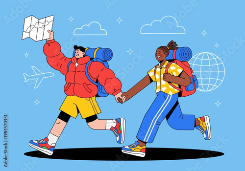 Flat vector microstock illustration of a diverse couple backpacking, running together with backpacks, holding hands and a map. Global travel icons on a blue sky. Adventure exploration.