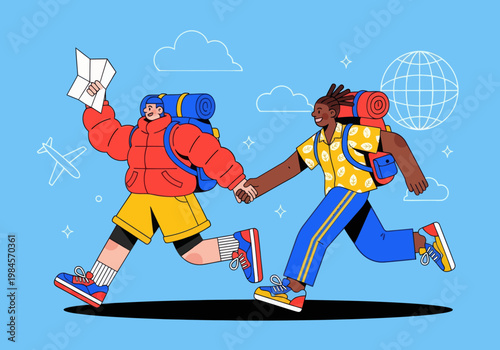 Flat vector microstock illustration of a diverse couple backpacking, running together with backpacks, holding hands and a map. Global travel icons on a blue sky. Adventure exploration.
