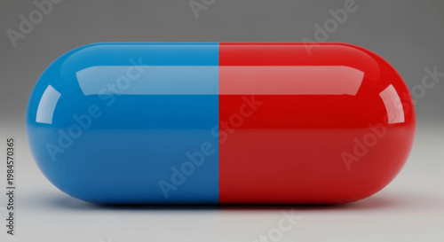 A glossy blue and red pill-shaped object on a neutral background for medical and science