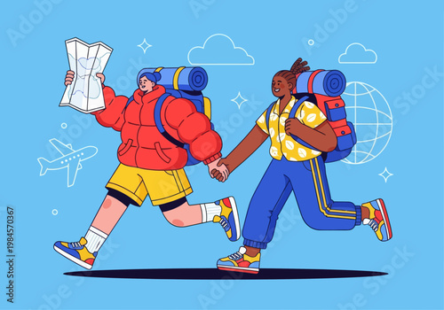 Flat vector microstock illustration of a diverse couple backpacking, running together with backpacks, holding hands and a map. Global travel icons on a blue sky. Adventure exploration.