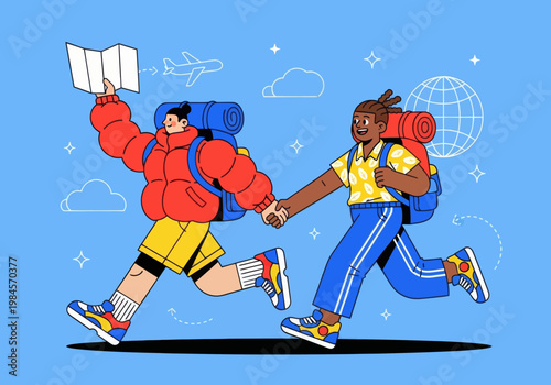 Flat vector microstock illustration of a diverse couple backpacking, running together with backpacks, holding hands and a map. Global travel icons on a blue sky. Adventure exploration.