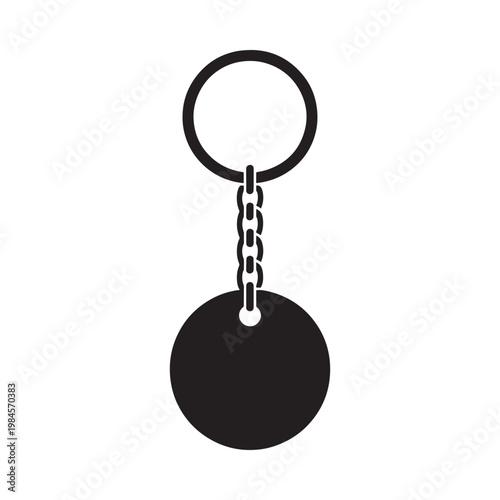A simple black and white illustration of a keychain with a circular tag