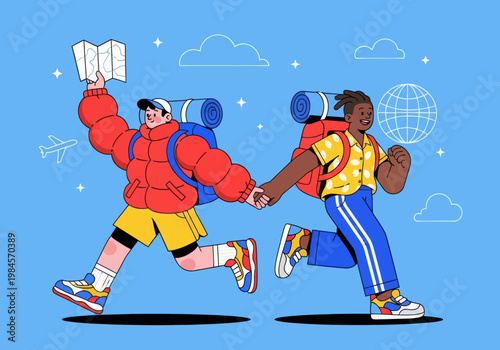 Flat vector microstock illustration of a diverse couple backpacking, running together with backpacks, holding hands and a map. Global travel icons on a blue sky. Adventure exploration.