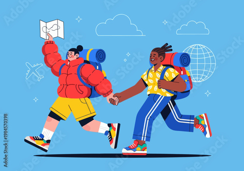 Flat vector microstock illustration of a diverse couple backpacking, running together with backpacks, holding hands and a map. Global travel icons on a blue sky. Adventure exploration.