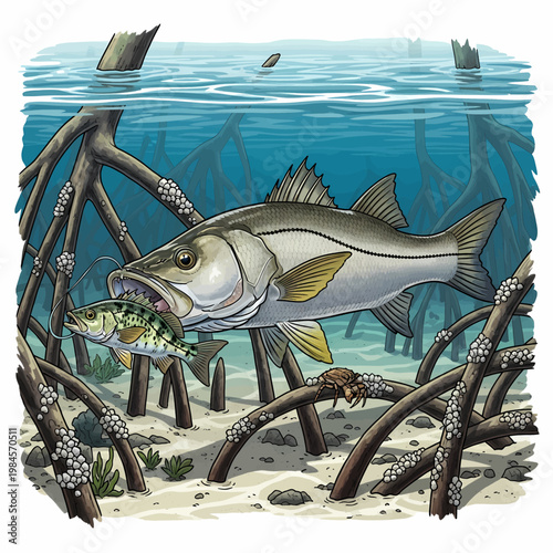 Snook attacking baitfish in mangrove habitat, illustration.