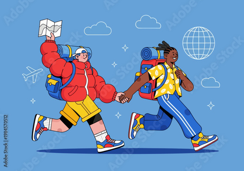 Flat vector microstock illustration of a diverse couple backpacking, running together with backpacks, holding hands and a map. Global travel icons on a blue sky. Adventure exploration.