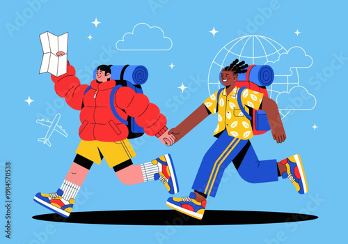 Flat vector microstock illustration of a diverse couple backpacking, running together with backpacks, holding hands and a map. Global travel icons on a blue sky. Adventure exploration.