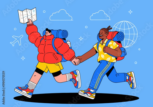 Flat vector microstock illustration of a diverse couple backpacking, running together with backpacks, holding hands and a map. Global travel icons on a blue sky. Adventure exploration.