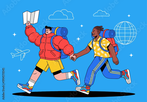 Flat vector microstock illustration of a diverse couple backpacking, running together with backpacks, holding hands and a map. Global travel icons on a blue sky. Adventure exploration.