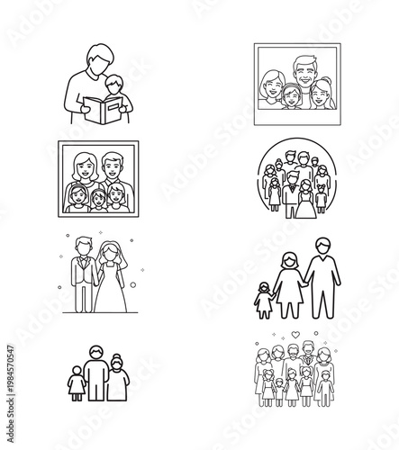 Vector icons for family themes including wedding generations parents children portraits and community symbols for love marriage unity and togetherness.