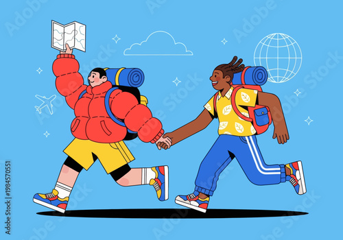 Flat vector microstock illustration of a diverse couple backpacking, running together with backpacks, holding hands and a map. Global travel icons on a blue sky. Adventure exploration.