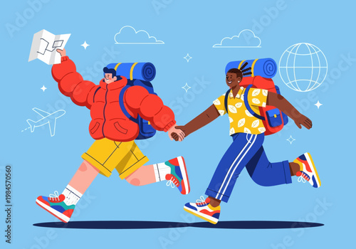 Flat vector microstock illustration of a diverse couple backpacking, running together with backpacks, holding hands and a map. Global travel icons on a blue sky. Adventure exploration.