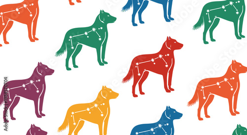 Colorful Dog Constellation Pattern Vector Illustration Featuring Stylized Canine Silhouettes with Celestial Star Maps for Modern Pet Themed Surface Design