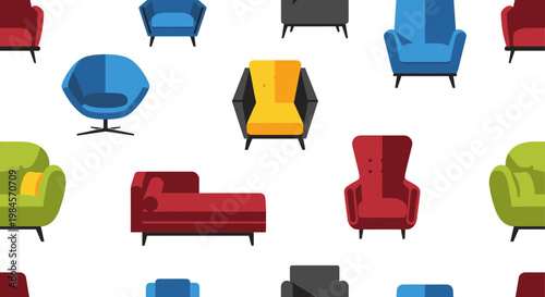 Colorful Furniture Seamless Pattern Vector Illustration Featuring Various Modern Armchairs and Sofas in Flat Graphic Style for Interior Design Backgrounds